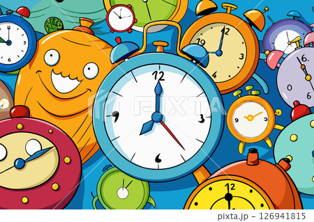 Don't be late for work.Clocks funny background. 126941815