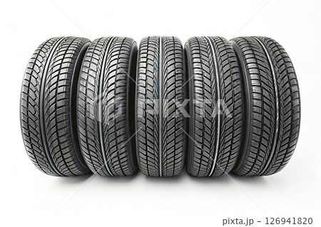 Five car tires for replacement standing in a row 126941820