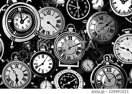 Black white various clocks with hands and dials 126941821