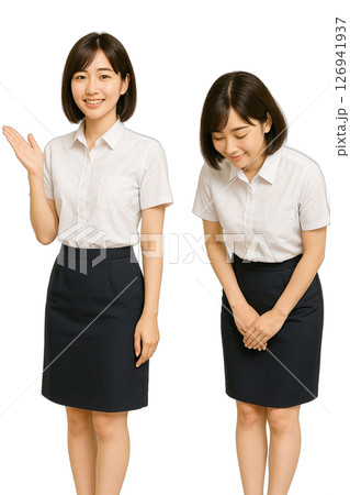 夏服カッターシャツを着た女性のお辞儀 案内係 透過背景 126941937