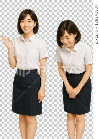 夏服カッターシャツを着た女性のお辞儀 案内係 透過背景 126941937