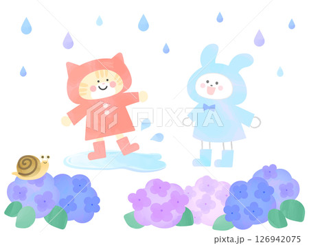 レインコートを着た猫とうさぎの梅雨の水彩イラスト 126942075