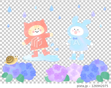 Watercolor illustration of a rainy season with a cat and a rabbit in a raincoat 126942075