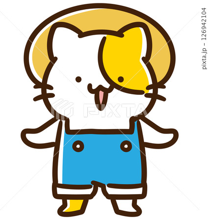 麦わら帽子、サロペットを装着して畑仕事の格好をするかわいいねこのキャラクターのデフォルメイラスト 126942104