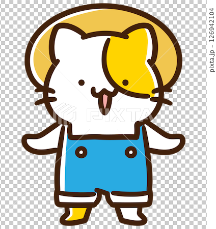 麦わら帽子、サロペットを装着して畑仕事の格好をするかわいいねこのキャラクターのデフォルメイラスト 126942104