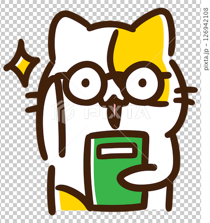A deformed illustration of an elite-style cat character holding a book and pushing up his glasses 126942108