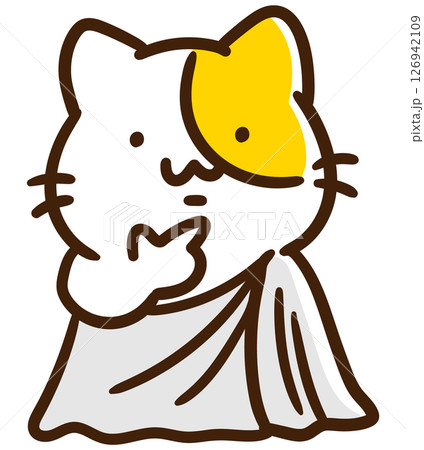 ギリシアの哲学者風な服装をして哲学的な考えを巡らすかわいいねこのキャラクターのデフォルメイラスト 126942109