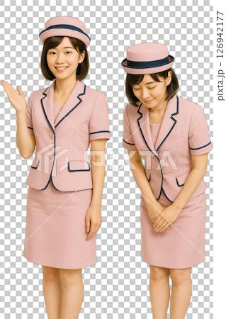 淡いピンクのコンパニオンスーツを着た女性のお辞儀 案内係 透過背景 126942177