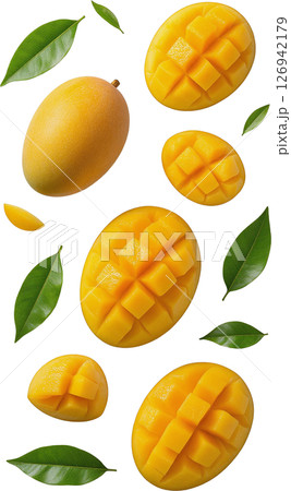 透過背景に浮かぶマンゴーのカットと葉 126942179