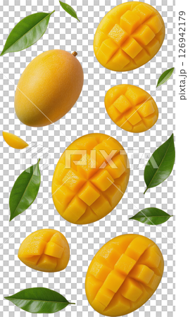 透過背景に浮かぶマンゴーのカットと葉 126942179