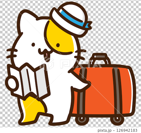 一個變形的插圖，一隻可愛的貓咪拿著一個大旅行袋，查看一本小冊子 126942183