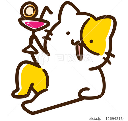 リラックスしておしゃれなグラスを飲むかわいいねこのキャラクターのデフォルメイラスト 126942184