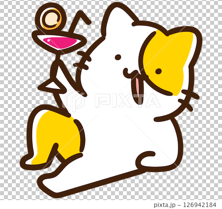 リラックスしておしゃれなグラスを飲むかわいいねこのキャラクターのデフォルメイラスト 126942184