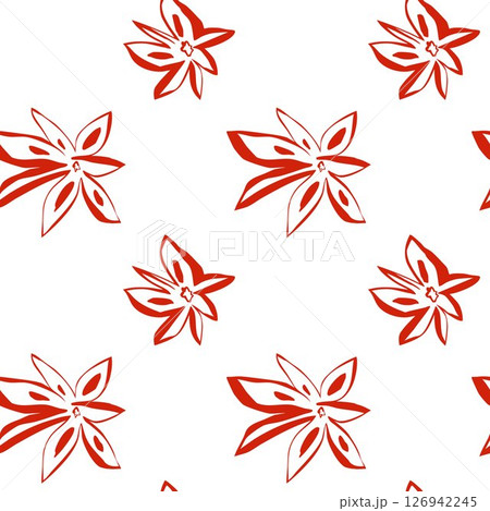 Red hand drawn star anise pattern with whimsical organic spices flowers on white background seamless surface 126942245