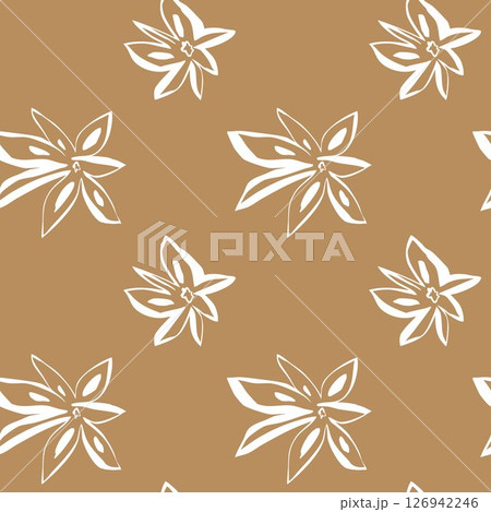White line star anise flowers on warm beige background seamless whimsical hand drawn spices pattern 126942246