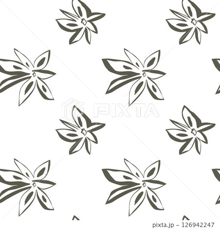 Green whimsical star anise pattern drawn by hand with organic line on white seamless background for natural design 126942247