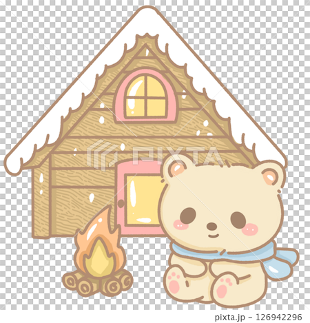 Cute kawaii bear sitting in front of a cozy cabin in the wood with a bonfire Hand-drawn with pastel fall colors, perfect for stickers, cards, planners, and seasonal crafts. Transparent background  126942296