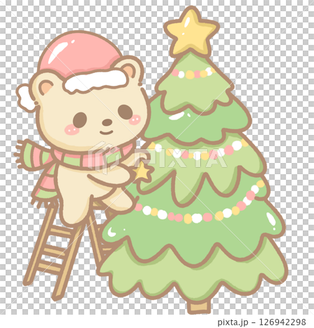 Cute kawaii bear decorating a christmas tree. Hand-drawn with soft pastel colors, perfect for winter cards, stickers, crafts, and seasonal designs. Transparent background. 126942298