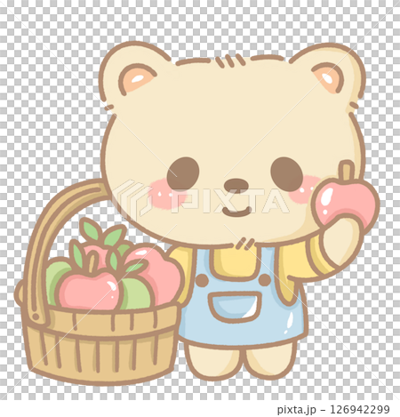 Cute kawaii bear picking apples. Hand-drawn with pastel fall colors, perfect for stickers, cards, planners, and seasonal crafts. Transparent background included. 126942299