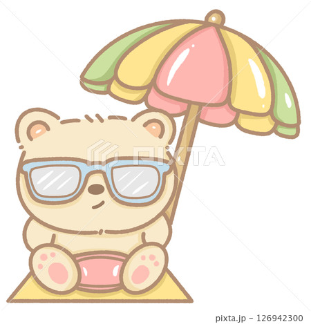 Cute kawaii bear sitting on the beach under an umbrella. Hand-drawn with soft pastel colors, perfect for summer cards, stickers, crafts, and seasonal designs. Transparent background Cute kawaii bear sitting on the beach under an umbrella. Hand-drawn with soft pastel colors, perfect for summer cards, stickers, crafts, and seasonal designs. Transparent background 126942300