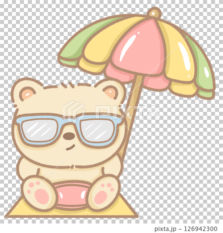Cute kawaii bear sitting on the beach under an umbrella. Hand-drawn with soft pastel colors, perfect for summer cards, stickers, crafts, and seasonal designs. Transparent background Cute kawaii bear sitting on the beach under an umbrella. Hand-drawn with soft pastel colors, perfect for summer cards, stickers, crafts, and seasonal designs. Transparent background 126942300