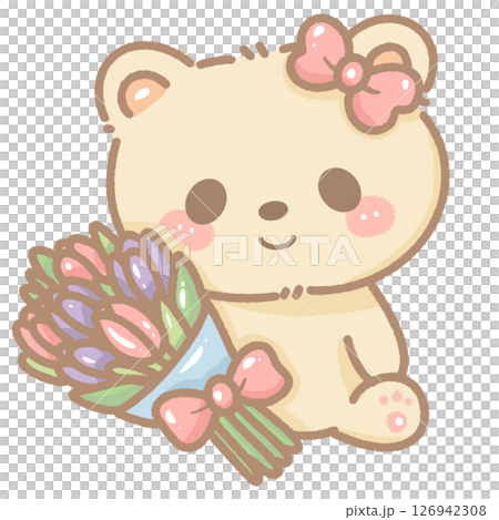 Cute kawaii bear holding a spring bouquet. Hand-drawn pastel perfect for spring cards, wedding invites, stickers, and digital crafts. Transparent background included. Cute kawaii bear holding a spring bouquet. Hand-drawn pastel perfect for spring cards, wedding invites, stickers, and digital crafts. Transparent background included. 126942308