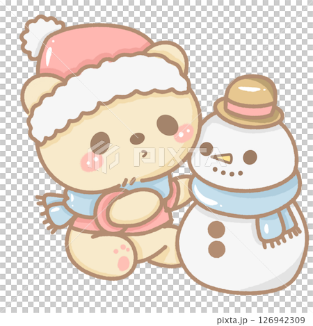 Cute kawaii bear in winter hat and scarf building a snowman. Hand-drawn with soft pastel colors, perfect for winter cards, stickers, crafts, and seasonal designs. Transparent background. Cute kawaii bear in winter hat and scarf building a snowman. Hand-drawn with soft pastel colors, perfect for winter cards, stickers, crafts, and seasonal designs. Transparent background. 126942309