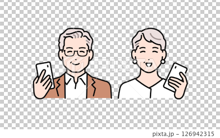 一對老年夫婦高興地看到智慧型手機的簡單向量插圖 一對老年夫婦高興地看到智慧型手機的簡單向量插圖 126942315