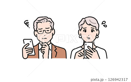 スマートフォンを見て悩むシニア夫婦のシンプルなベクターイラスト素材 スマートフォンを見て悩むシニア夫婦のシンプルなベクターイラスト素材 126942317