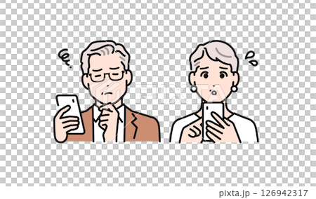 スマートフォンを見て悩むシニア夫婦のシンプルなベクターイラスト素材 スマートフォンを見て悩むシニア夫婦のシンプルなベクターイラスト素材 126942317