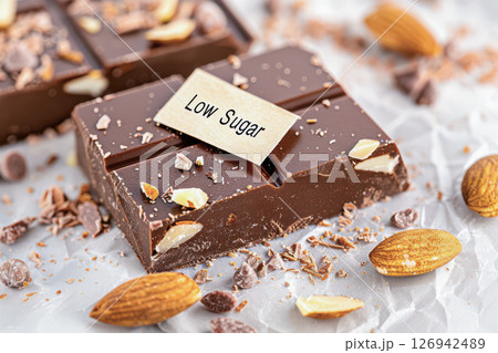 Low-sugar chocolate protein bar topped with chopped almonds, resting on baking paper, providing nutritious snacking solution for wellness-focused individuals Low-sugar chocolate protein bar topped with chopped almonds, resting on baking paper, providing nutritious snacking solution for wellness-focused individuals 126942489