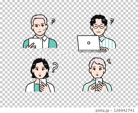 スマホ・タブレット・pcを見て悩む中年男女のシンプルなベクターイラストセット 126942741