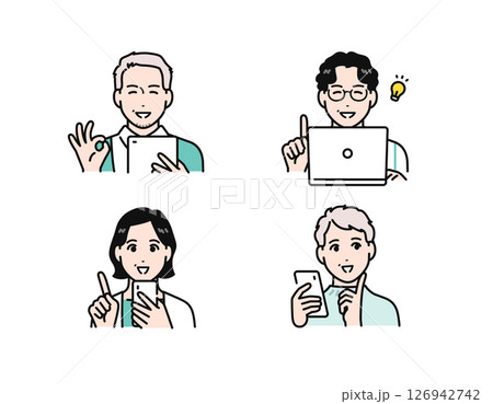 スマホ・タブレット・pcを見て喜ぶ中年男女のシンプルなベクターイラストセット 126942742