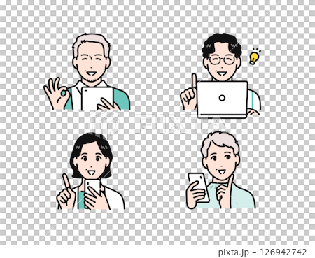 スマホ・タブレット・pcを見て喜ぶ中年男女のシンプルなベクターイラストセット 126942742