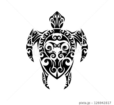 Maori tribal turtle reptile animal tattoo with Polynesian or Hawaiian pattern ornament vector art. Celtic or Maori tribal tattoo of sea turtle with symmetric intricate lines ornament 126942817
