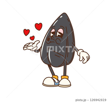 Cartoon groovy sunflower seed character with funny face and love hearts, vector emoji. Groovy sunflower seed with happy smile and funky comic kiss with love hearts for seed food cartoon character Cartoon groovy sunflower seed character with funny face and love hearts, vector emoji. Groovy sunflower seed with happy smile and funky comic kiss with love hearts for seed food cartoon character 126942819