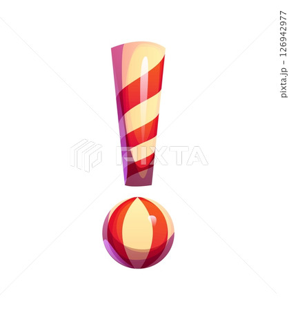 Cartoon circus font, exclamation mark as red and white candy cane. Isolated retro carnival typeface, entertainment type, kids alphabet glyph. Vector abc typography character representing sweet dessert Cartoon circus font, exclamation mark as red and white candy cane. Isolated retro carnival typeface, entertainment type, kids alphabet glyph. Vector abc typography character representing sweet dessert 126942977