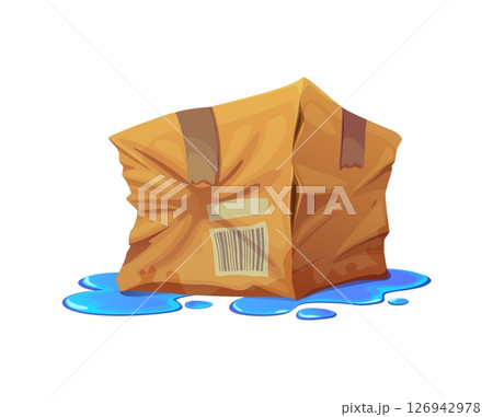 Damaged and dirty parcel cardboard box. Destroyed wet cardboard paper container, ripped crumpled isolated cartoon vector cargo package. Broken dirty delivery parcel or damaged crushed shipping box 126942978