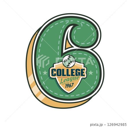 Varsity sport patch with number 6 font and baseball ball for university team, vector emblem. College league or varsity sport champs patch with number 6 six for baseball player shirt or championship 126942985