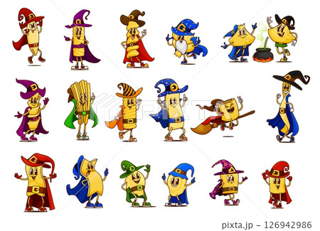 Cartoon groovy Halloween pasta characters wearing witch, magician and wizard costumes, vector italian food. Hippie groovy fusilli, lasagna, bucatini and eliche pasta with witch hat and wizard cape 126942986