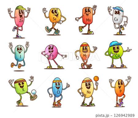 Cartoon groovy vitamin and micronutrient characters of retro hippie pills and capsules. Cute psychedelic food supplement vector personages of groovy zinc, calcium and magnesium vitamin pill characters Cartoon groovy vitamin and micronutrient characters of retro hippie pills and capsules. Cute psychedelic food supplement vector personages of groovy zinc, calcium and magnesium vitamin pill characters 126942989