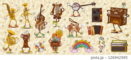 Cartoon groovy musical instrument characters and retro hippie rainbow with musical notes. Vector funny violin, piano, saxophone and accordion, vintage record player and radio, groovy horn and drum 126942995