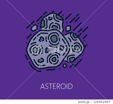 Color line galaxy space icon of asteroid hurtling through space with craters and motion lines. vector symbol of celestial body, symbolizing astronomy, meteors, space exploration and cosmic phenomena 126942997