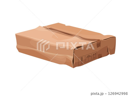 Damaged and ripped parcel cardboard box. Ripped wet delivery box, destroyed crushed isolated cartoon vector shipping package. Broken dirty cargo container or damaged crumpled cardboard paper parcel 126942998