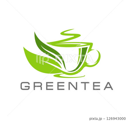 Green tea icon of leaf and cup with hot steam for herbal drink package, vector symbol. Natural green tea icon of leaves and teacup for Chinese or Japanese green tea and hot drink beverage label 126943000