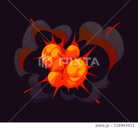 Cartoon bomb explosion blast for comic effect with fire and smoke clouds, vector boom explode. Bomb explosion or nuclear mushroom of energy blast and smoke clouds for cartoon game TNT bang effect 126943011