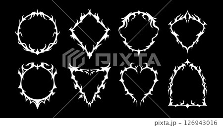 Neo gothic frames and tribal borders or fantasy ornaments for tattoo, vector flame shapes. Neo gothic frames in Y2K design with burn fire flames or sharp spikes and branch thorns with ornate edges 126943016