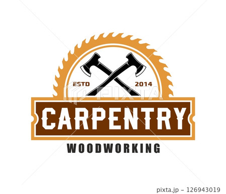 Carpentry woodwork icon featuring crossed axes silhouette in front of a circular saw blade, emphasizing the woodworking tradition, sawmill service and craftsmanship with rugged brown and black tones Carpentry woodwork icon featuring crossed axes silhouette in front of a circular saw blade, emphasizing the woodworking tradition, sawmill service and craftsmanship with rugged brown and black tones 126943019