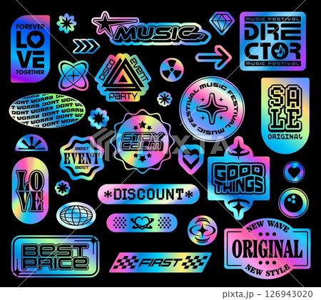 Hologram iridescent y2k groovy stickers, funky holographic patch labels with retro aesthetic shapes. Vector geometric stickers of silver metal holograms with groovy y2k stars, hearts, globes, arrows 126943020