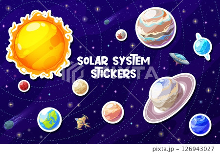 Solar system planets stickers pack. Earth, Mars, Saturn and Venus, Pluto, Jupiter planets with orbits around Sun cartoon vector background. Astronomy and space Solar System stickers with UFO rocket 126943027